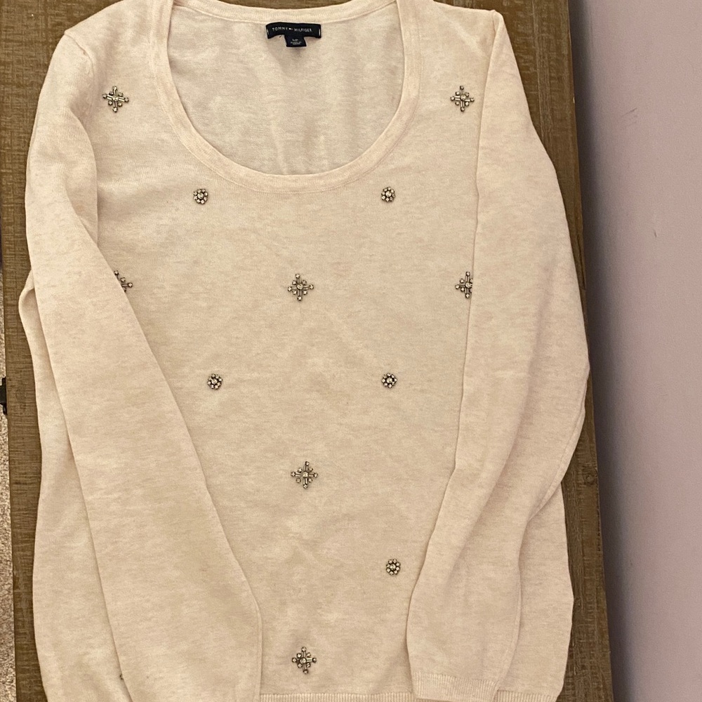 Tommy Hilfiger Ivory Embellished Scoop Neck Sweater